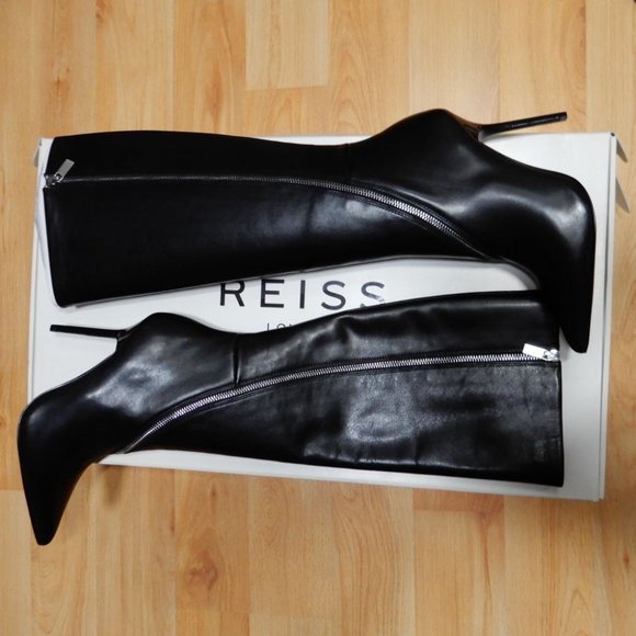 REISS Hoxton Leather Knee High Heels BOOTS US 38 7 Black Point Toe Zip NEW - Picture 9 of 14